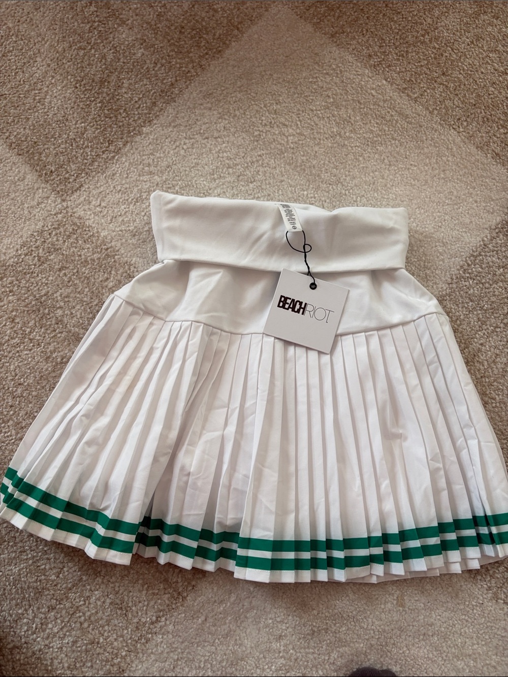 Beach Riot White Pleated Skirt with Green Hem Stripes